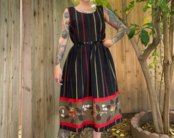 Vintage 1970’s Black and Red Striped Floral Dress