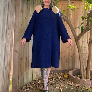 Vintage 1960’s Blue Wool Swing Coat with Mink Collar