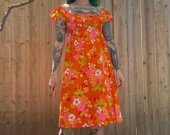Vintage 1960’s Orange Floral Print Dress by Liberty House