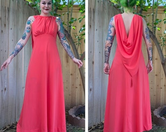 Vintage 1970’s Coral Pink Maxi Dress with Draped Back