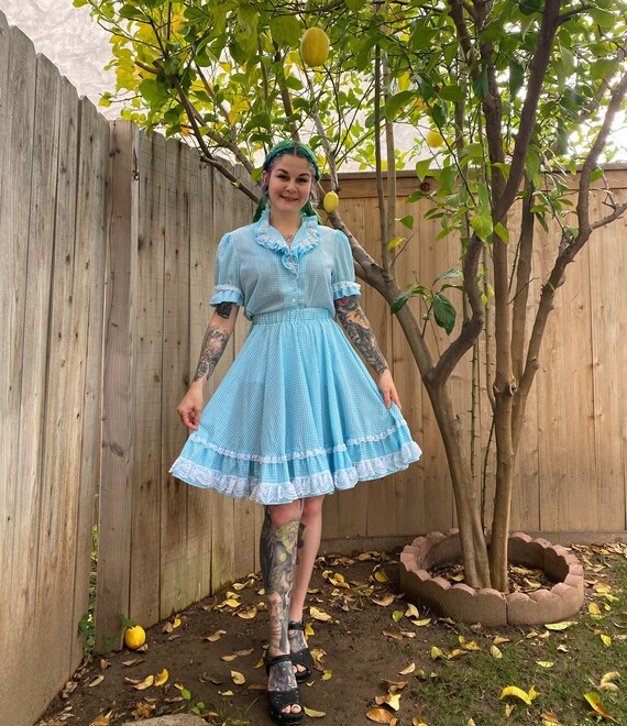 Vintage 1970’s Blue Gingham Skirt and Shirt Set - image 1