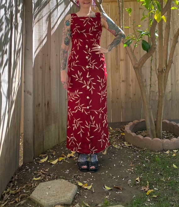 Vintage 1990’s Red Leaf Print Maxi Dress