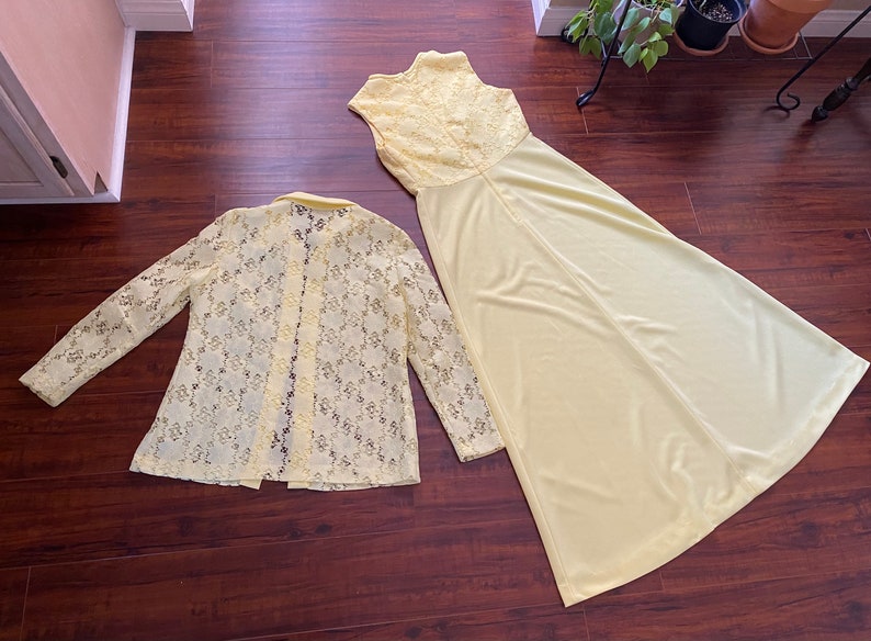 Vintage 1970s Yellow Dress and Lace Shirt Set image 4