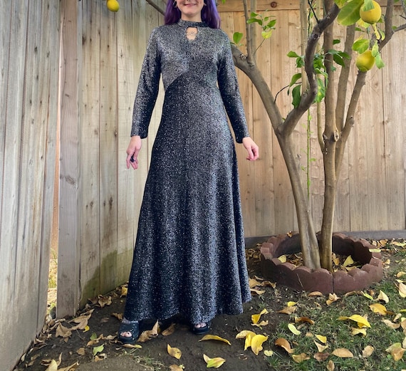 Vintage 1970's Silver Lurex Long Sleeve Maxi Dress