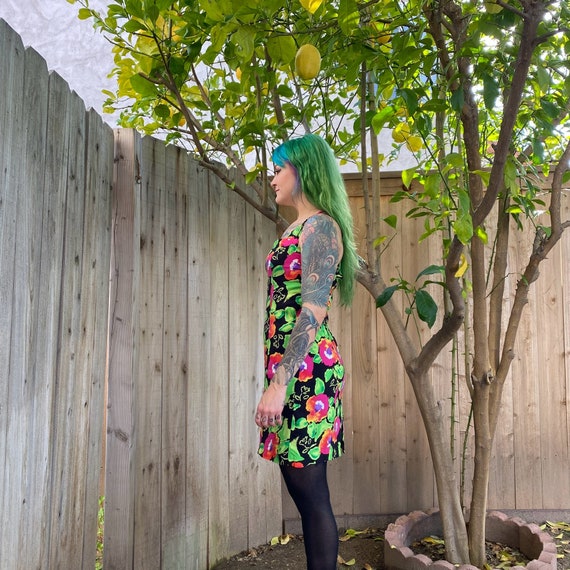 Vintage 1990’s Black and Green Floral Mini Dress - image 2