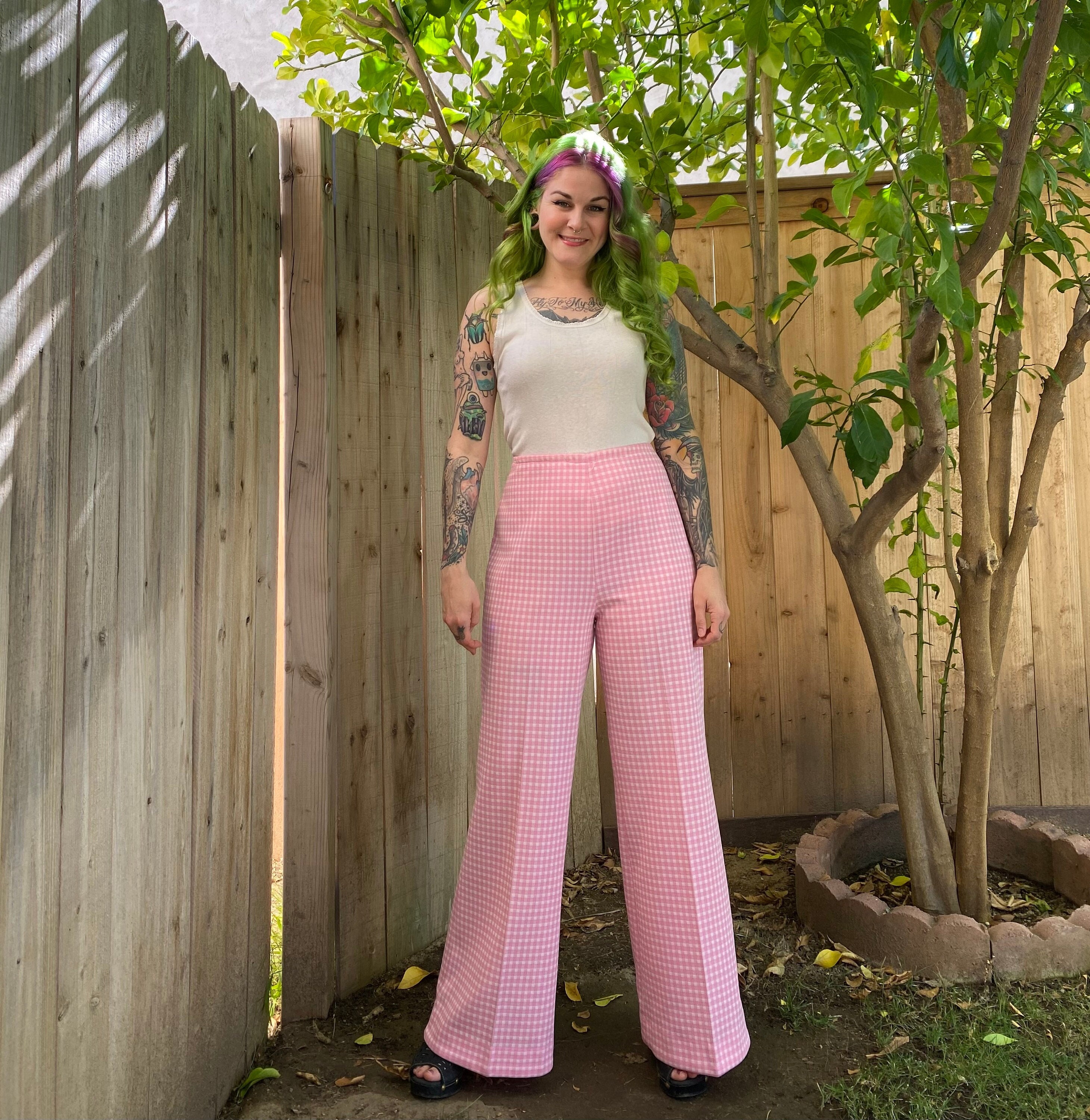 Pink Checkered Mid Waist Flare Pants Hippie Bell Bottom Plaid Wide