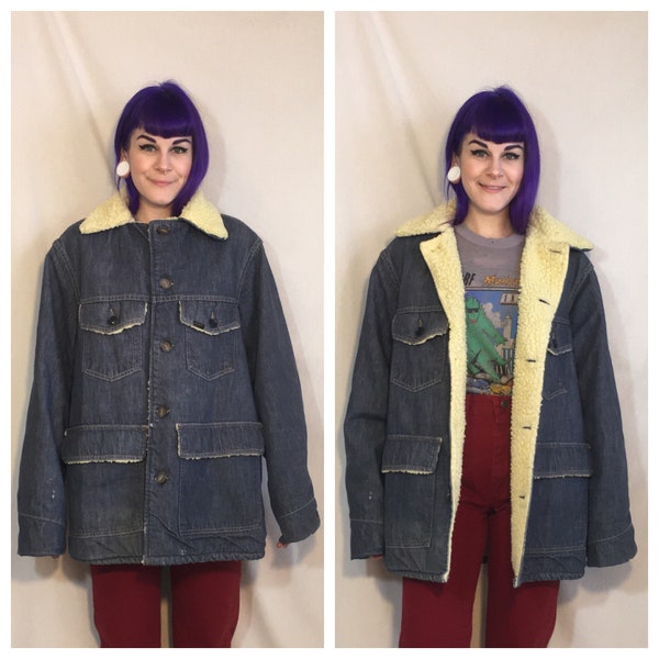 RESERVED FOR LARA// Vintage 1970’s Denim Coat with Sherpa Lining