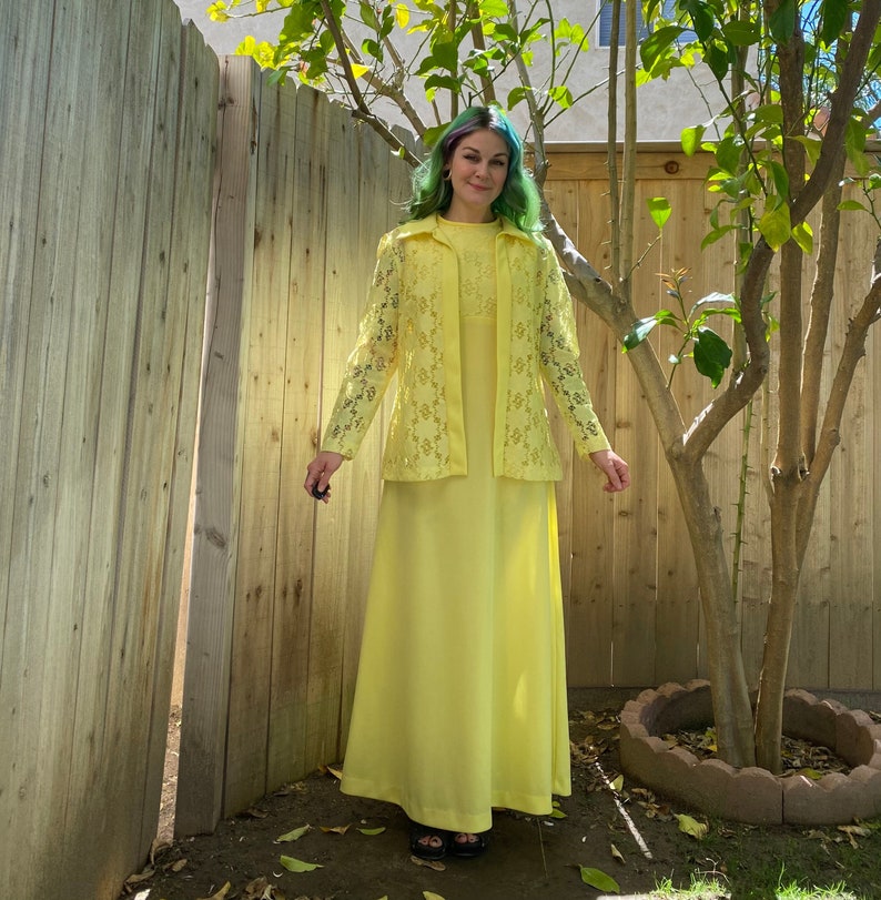 Vintage 1970s bright yellow maxi dress with lace detail on bust. Matching lace long sleeve collared shirt. Medium