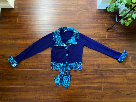 Vintage 1970’s Blue Floral Cropped Sweater - image 4