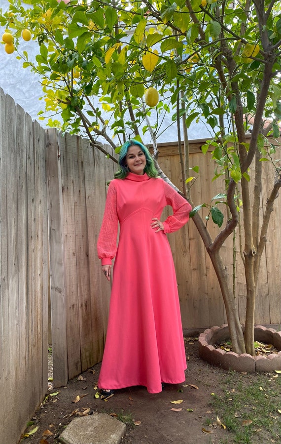 Vintage 1970’s Pink Maxi Dress with Lace Cut Out S