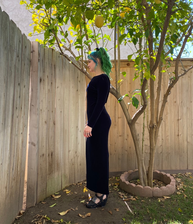 Vintage 1990s Dark Blue Velvet Stretch Maxi Dress image 3