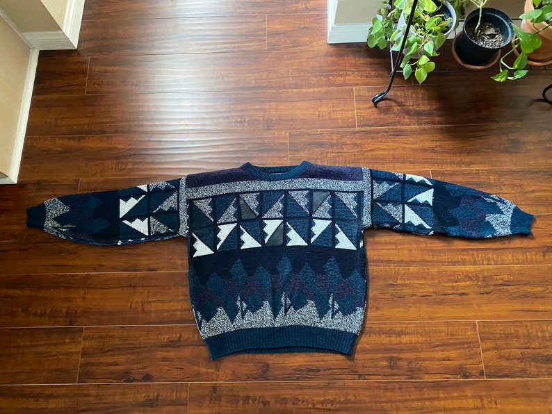 Vintage 1980e Blue and Black Geometric Sweater image 4