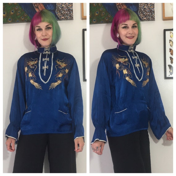 Vintage 1940’s Blue Embroidered Dragon Blouse