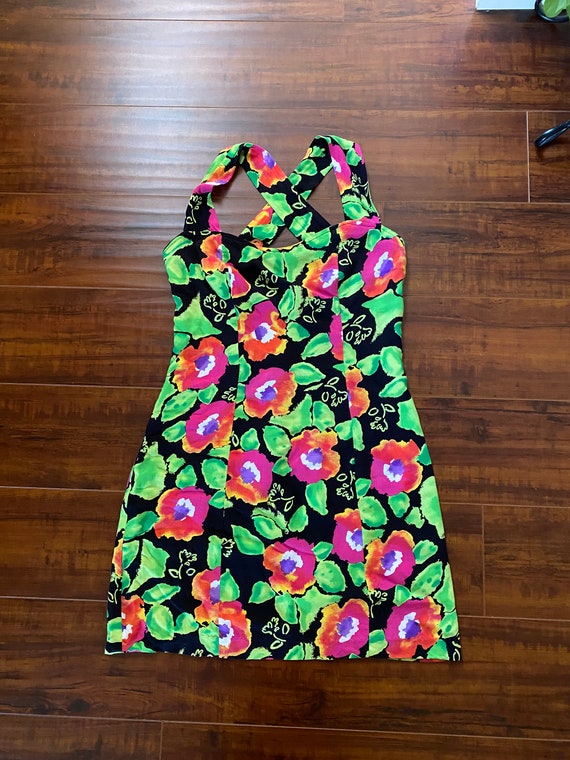 Vintage 1990’s Black and Green Floral Mini Dress - image 4