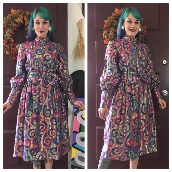 Vintage 1970’s Metallic Swirl Dress with Long Slee