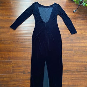 Vintage 1990s Dark Blue Velvet Stretch Maxi Dress image 5