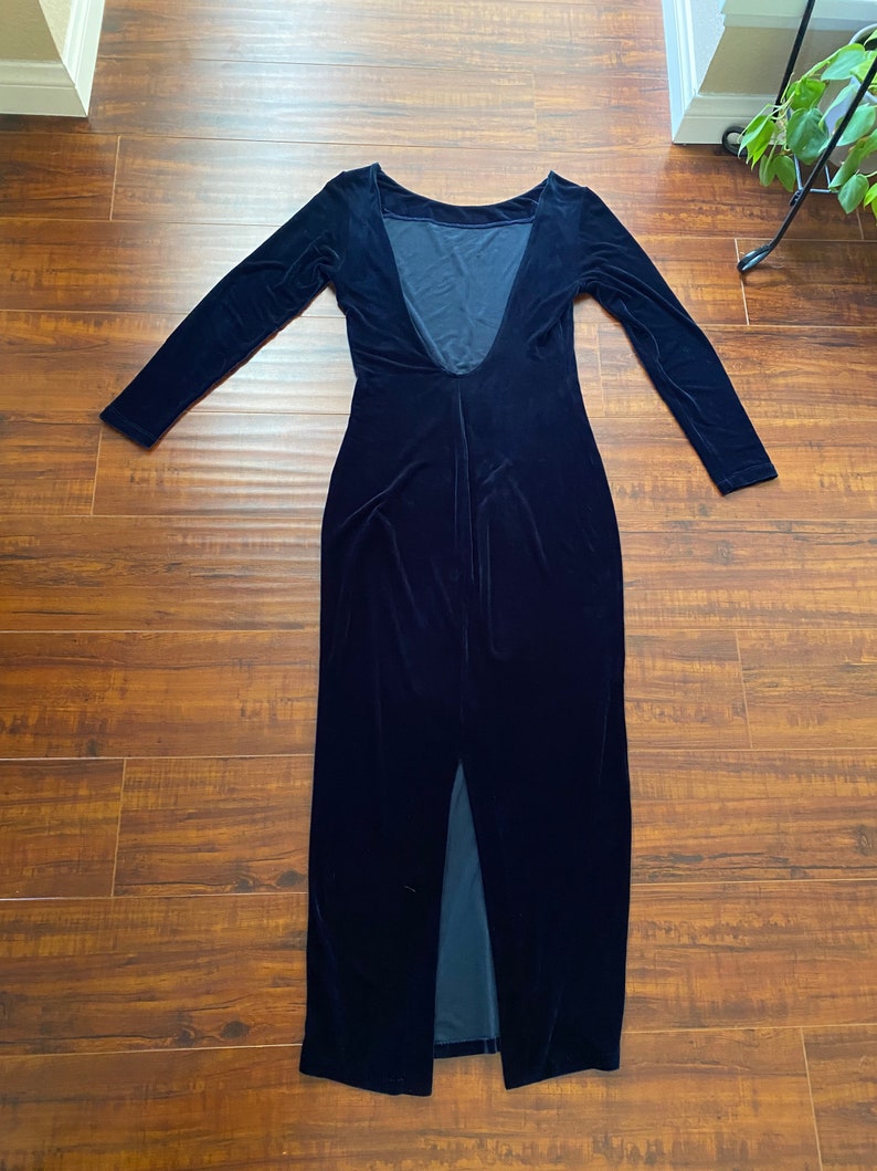 Vintage 1990s Dark Blue Velvet Stretch Maxi Dress image 5