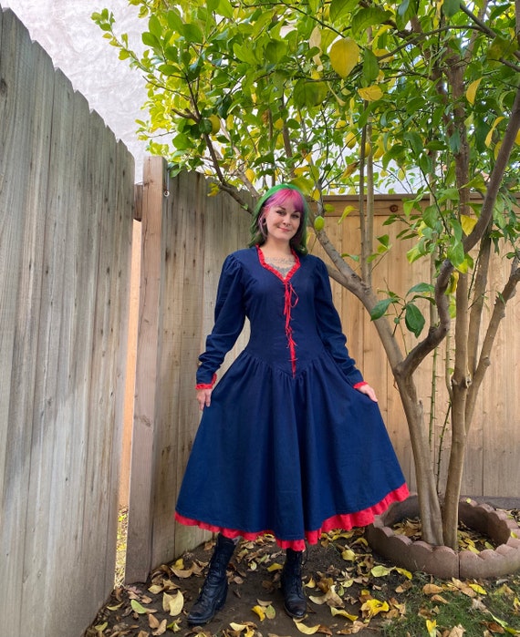 Vintage 1980’s Denim and Red Lace Dress - image 1