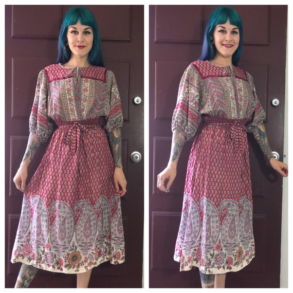 Vintage 1970’s Red Paisley Dress with Floral Print