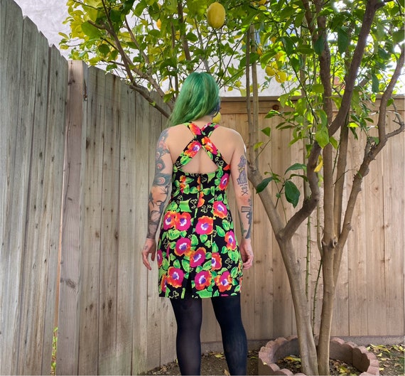 Vintage 1990’s Black and Green Floral Mini Dress - image 3