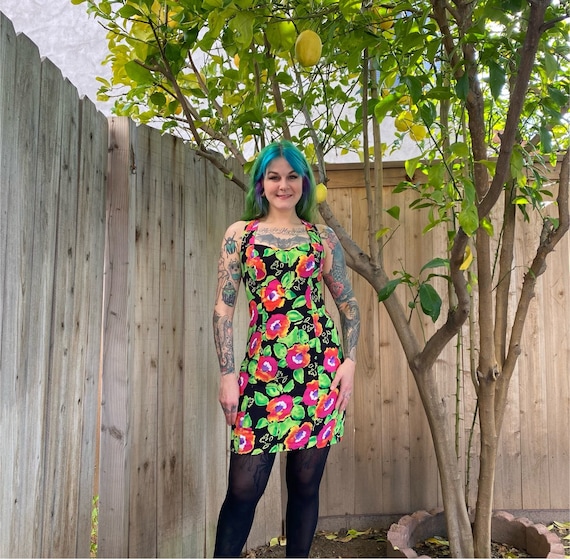 Vintage 1990’s Black and Green Floral Mini Dress - image 1