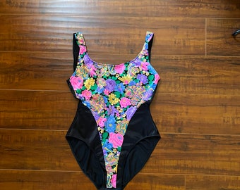 Vintage 1990’s Floral and Black Swimsuit Retro 90s