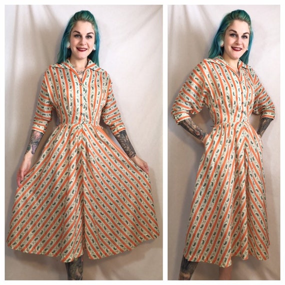 Vintage 1950's Orange Stripe Paisley Dress