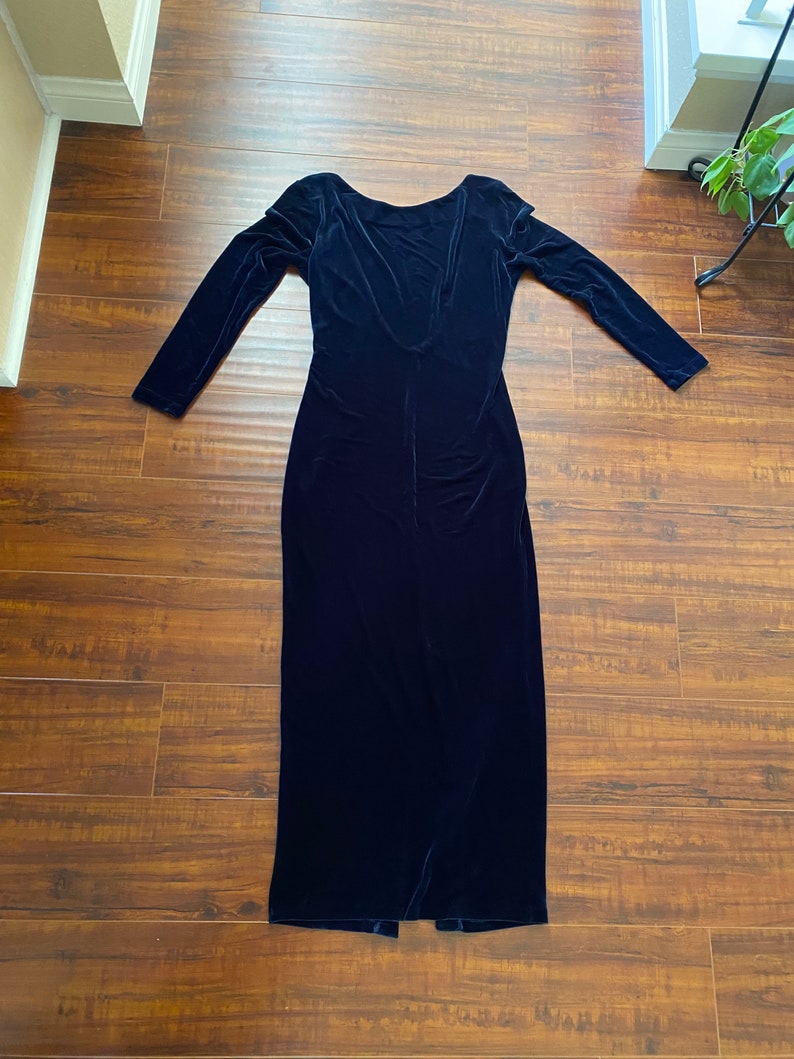 Vintage 1990s Dark Blue Velvet Stretch Maxi Dress image 4