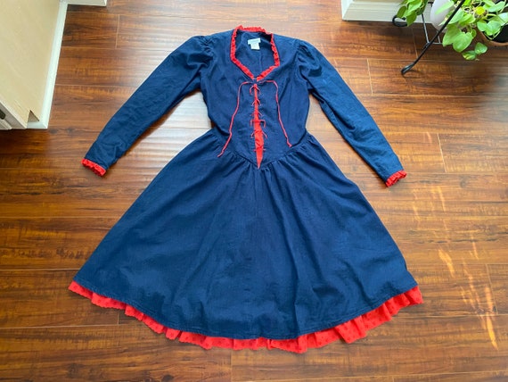 Vintage 1980’s Denim and Red Lace Dress - image 4