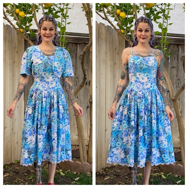 Vintage 1980’s Blue Floral Dress and Jacket Set