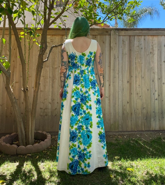 Vintage 1970’s Blue Floral Hawaiian Maxi Dress - image 3