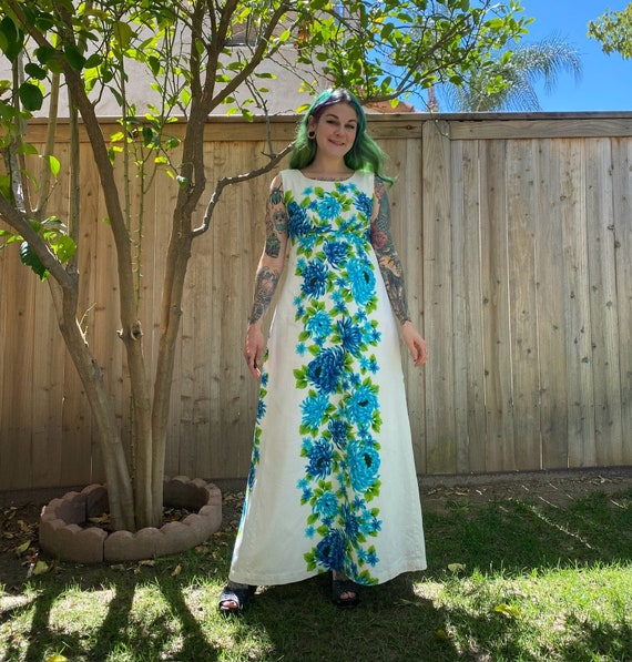 Vintage 1970’s Blue Floral Hawaiian Maxi Dress - image 1