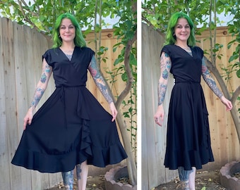 Vintage 1970’s Black Ruffled Dress with Waist Tie