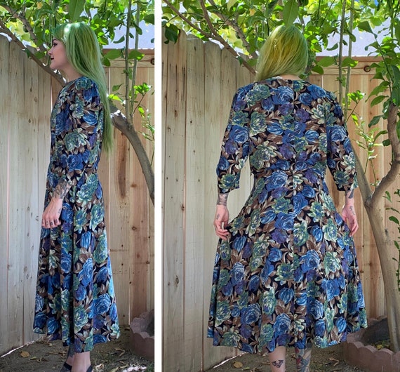 Vintage 1980’s Blue and Green Rose Print Dress - image 2