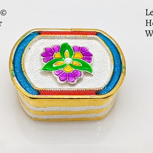 Pure silver flower enamel kumkum box with 2 partition- pure silver gift items-pooja items for home,return gift for navarathri, &housewarming