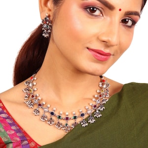 Chinmayi Navarathna Necklace/925 silver jewelry/Oxidized jewelry/sterling silver/Navarathna jewelry/Wedding, bridal jewelry/Christmas gift