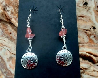 Silver Native Star concho earrings with Cherry Quartz