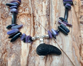 Raven Magic with Genuine rare Purple Siberian Charoite gemstone slabs with Hematite stone saucers, black Hairpipe beads,silver drum beads.