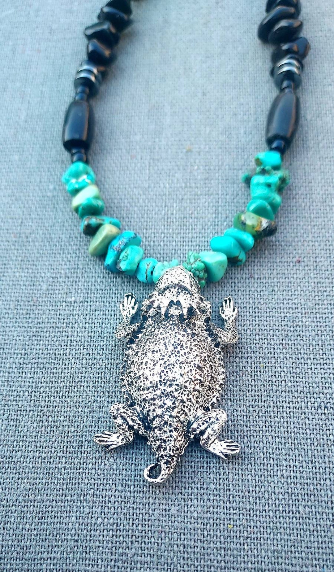 Silver Horned Toad Pendant With Genuine Turquoise Stones, Black