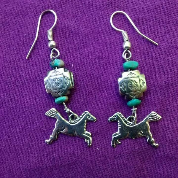 Silver running Ponies with Genuine Turquoise and Oxidized Silver Four Directions of the Universe beads. Handwire wrapped.