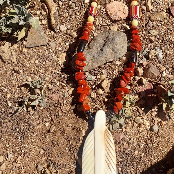 Feather Pendant necklace with Bloodstones, Hematite, Collectible African porcelain Trade beads