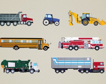 Vehicles Transportation Children's Poster (8x10, 11x17, or 13x19) Trucks, Bus, and tractor