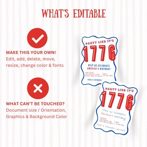 May include: A digital invitation template featuring the red text 'PARTY LIKE IT'S 1776' and 'HELP US CELEBRATE AMERICA'S BIRTHDAY' with blue wavy borders. The graphic includes instructional text regarding editable and non-editable design elements.