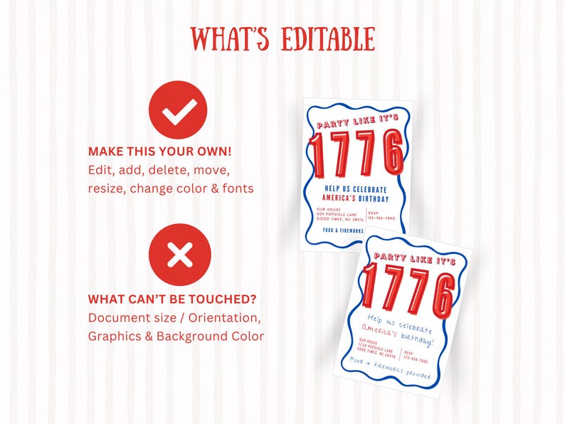 May include: A digital invitation template featuring the red text 'PARTY LIKE IT'S 1776' and 'HELP US CELEBRATE AMERICA'S BIRTHDAY' with blue wavy borders. The graphic includes instructional text regarding editable and non-editable design elements.