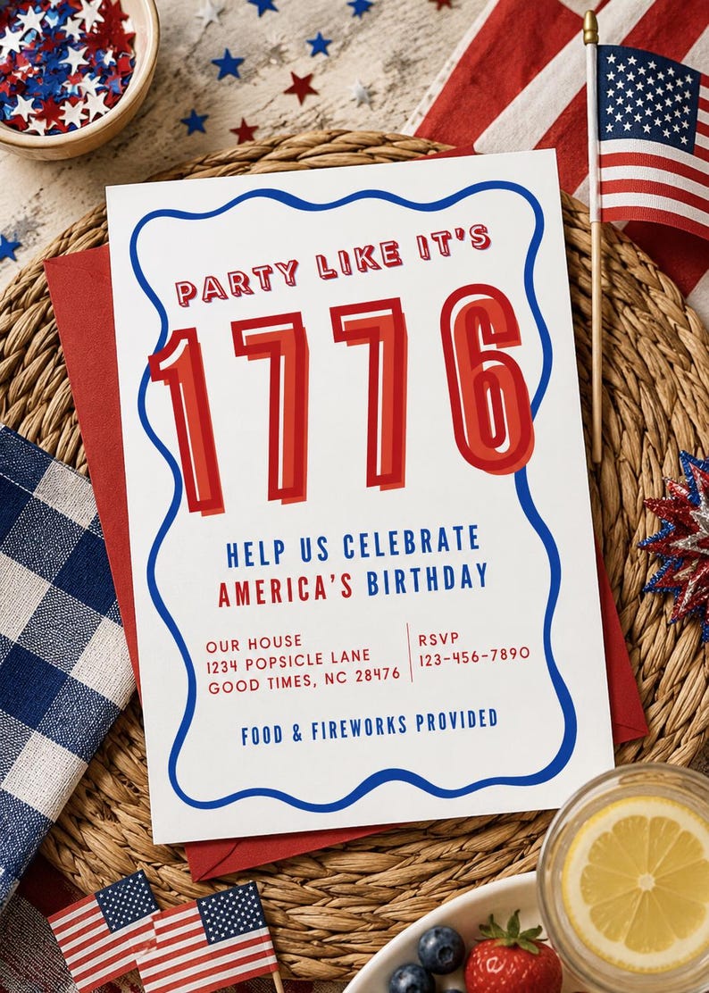 May include: A white rectangular party invitation card with a blue wavy border. The text reads: PARTY LIKE IT'S 1776, HELP US CELEBRATE AMERICA'S BIRTHDAY, OUR HOUSE 1234 POPSICLE LANE GOOD TIMES, NC 28476, RSVP 123-456-7890, FOOD & FIREWORKS PROVIDED.