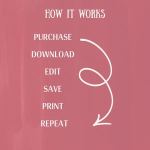 May include: A dusty rose background featuring the white text HOW IT WORKS followed by a list of steps: PURCHASE, DOWNLOAD, EDIT, SAVE, PRINT, REPEAT. A white hand-drawn arrow curves from the word PURCHASE down to the bottom of the list.