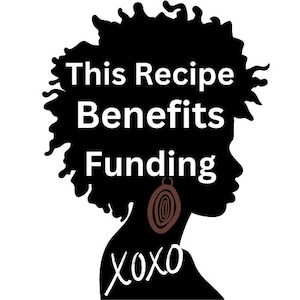 Op de afbeelding: Zwarte silhouet van een vrouw met krullend haar, die een grote oorbel draagt. De tekst "This Recipe Benefits Funding" staat boven de silhouet, en "XOXO" staat eronder.