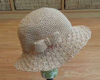 crocheted raffia straw  sun summer hat,big lace brim hat