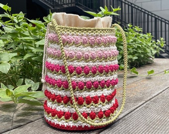 crochet cherry strawberry bucket shoulder bag with lining drawstring bag pattern