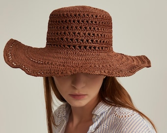 Hollow Out Wide Brim Crochet Floppy Raffia Hat